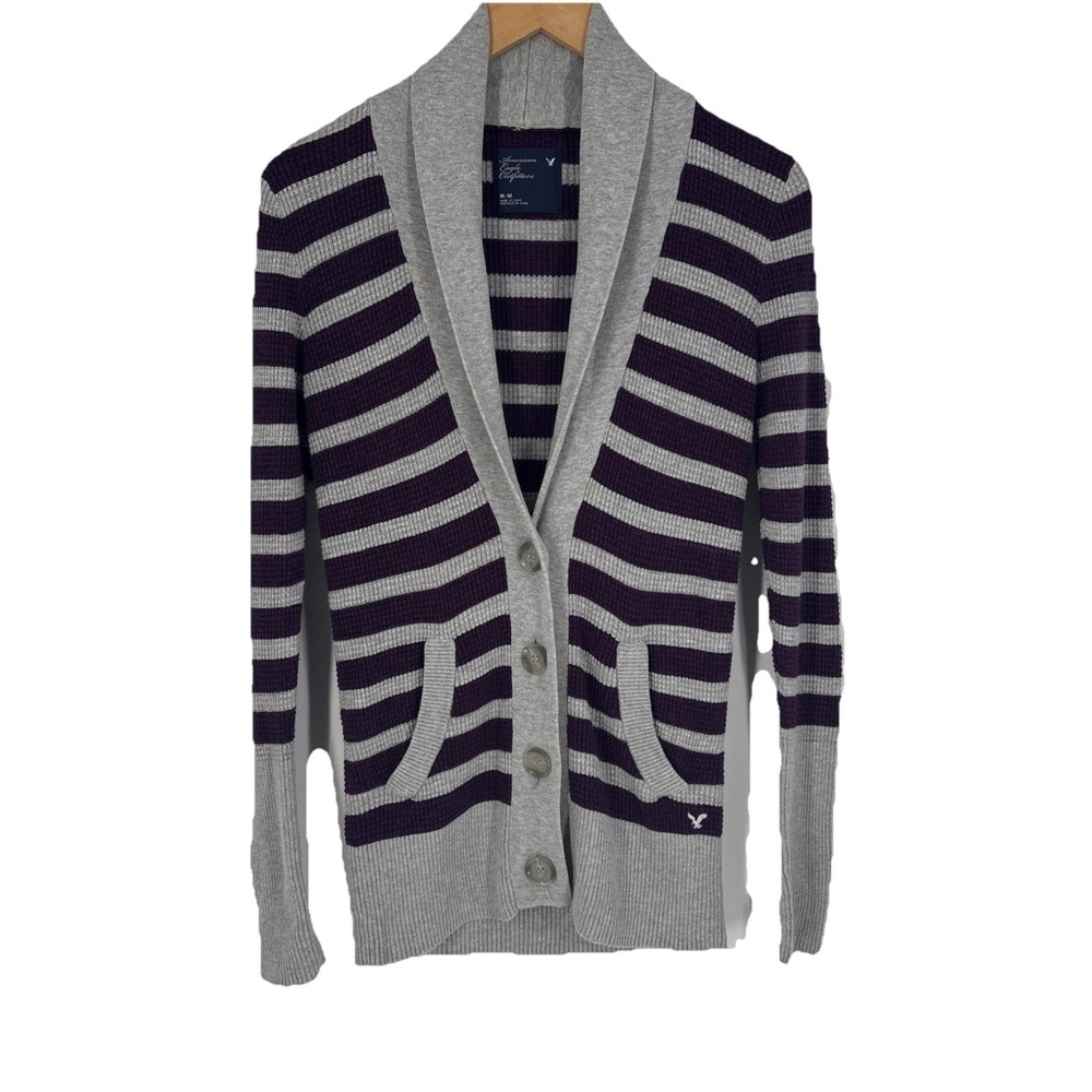 Y2K American Eagle Womens Shawl Collar Thermal Knit Striped Cardigan Size M 2010